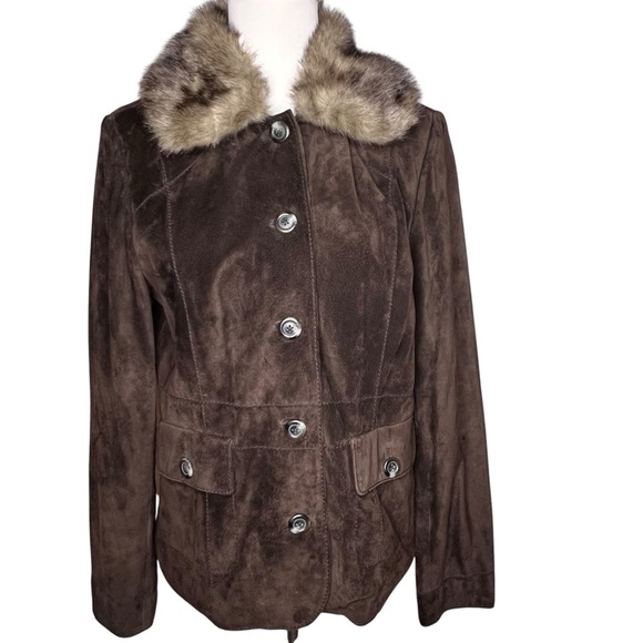 ALFANI Brown Suede Leather Jacket Size L Button Removable Fur Collar - Picture 1 of 16